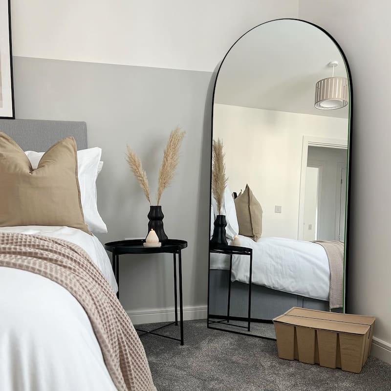 Classic Wood Arched Full Length Mirror with Stand, Floor Mirror - 70.55X27.55 - Antique Black