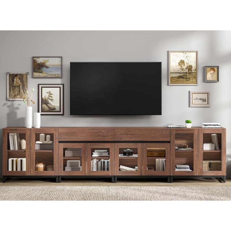 4-in-1 TV Stand for 120" TVs, Modern Console with Glass Doors & 2 Drawers