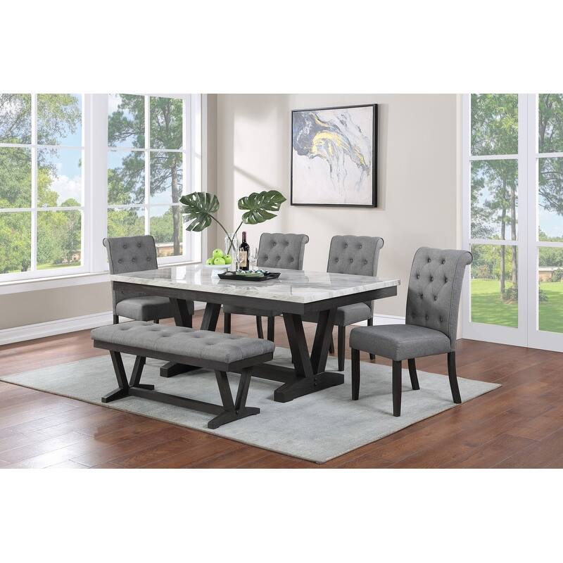Best Quality Furniture 6 Piece Faux Marble Wrap Table Top Dining Set with Bench - Grey
