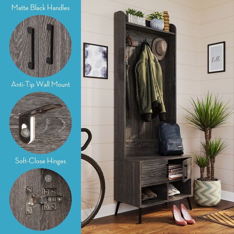 RiverRidge Woodbury Hall Tree with Entryway Bench, Shoe Storage, Coat Hooks & Cubby Storage - Weathered Woodgrain