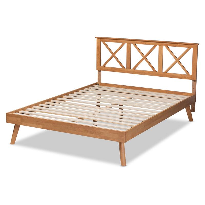 Full Size Platform Bed - Brown Wood Bed Frame with Crisscross Headboard - Modern Bedroom Furniture