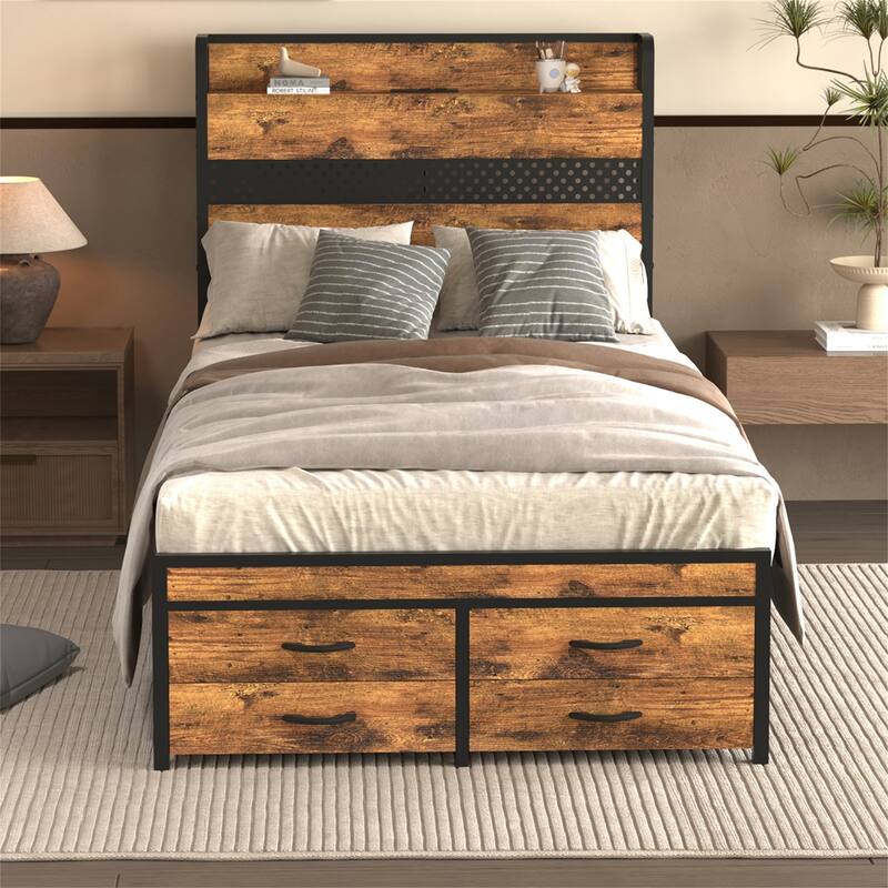 Twin Size Metal Platform Bed Frames with Headboard and Storage Drawer - Brown