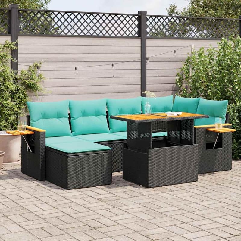 vidaXL Patio Sofa Set with Cushions Outdoor Furniture 7 Piece Poly Rattan - Black - 24.4 x 24.4 x 27.2