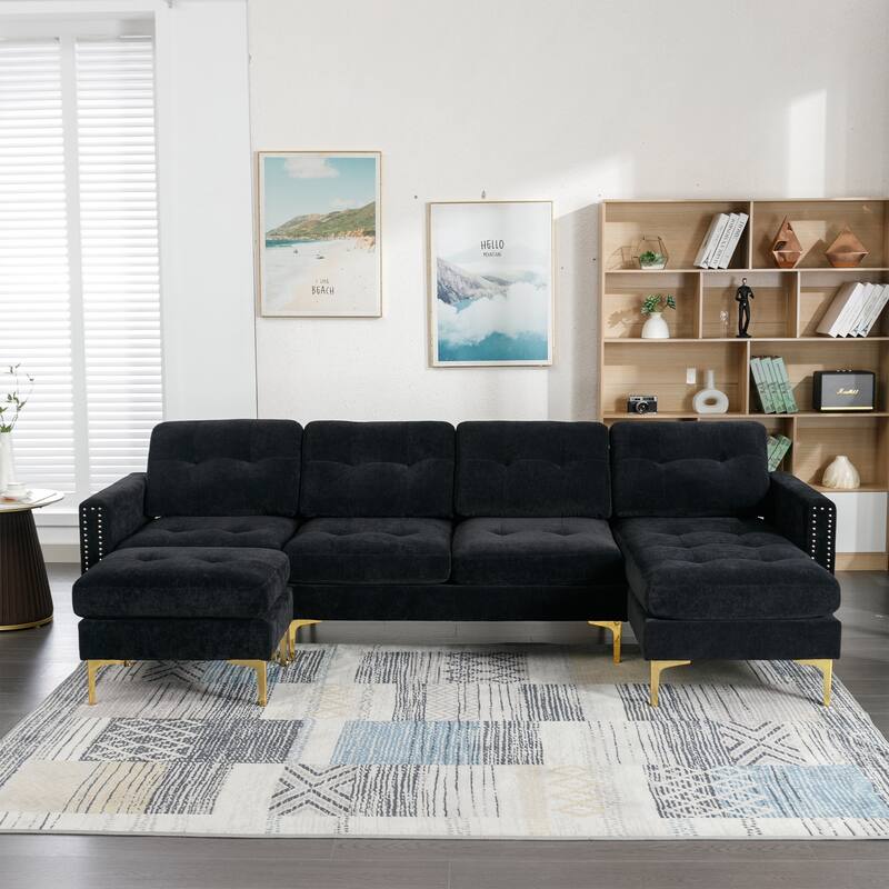 L-Shape Convertible Sectional Sofa Couch with Movable Ottoman - Black