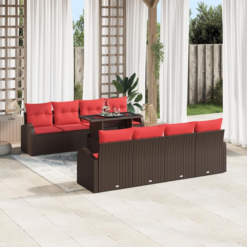 vidaXL 9 Garden Sofa Set with Cushions Black/Brown/Grey Poly Rattan - 92.1 x 24.4 x 27.2