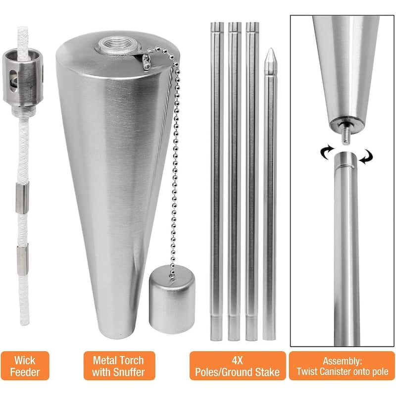 Matney Stainless Steel Torches - Includes Fiberglass Wick and Snuffer Cap, Set of 2 (11.3 oz)