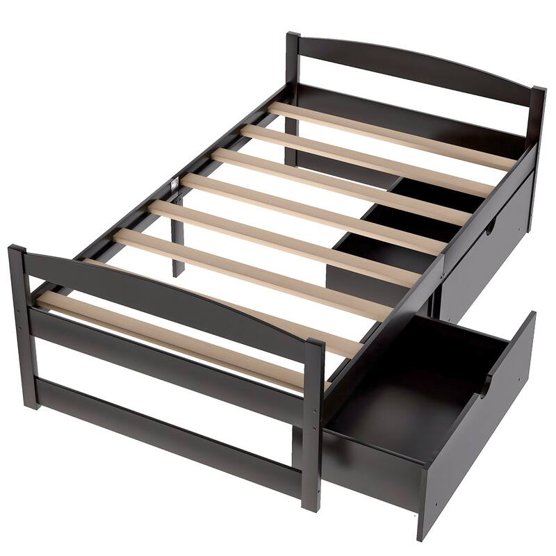 Twin Size Platform Bed with 2 Drawers in Espresso Finish, Space-Saving Storage
