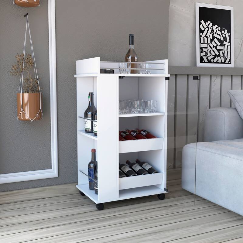 Bar Cart with Glass Door, 2-Side Shelves and Casters