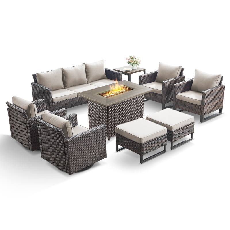 Gymojoy Outdoor Fire Pit Conversation Set, Patio Furniture with Cushions - 9 PCS - Brown Wicker / Beige Cusion