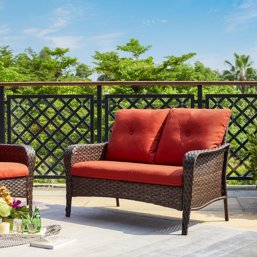 Pocassy Outdoor Wicker Loveseat Couch, 2-Seater Patio Sofa