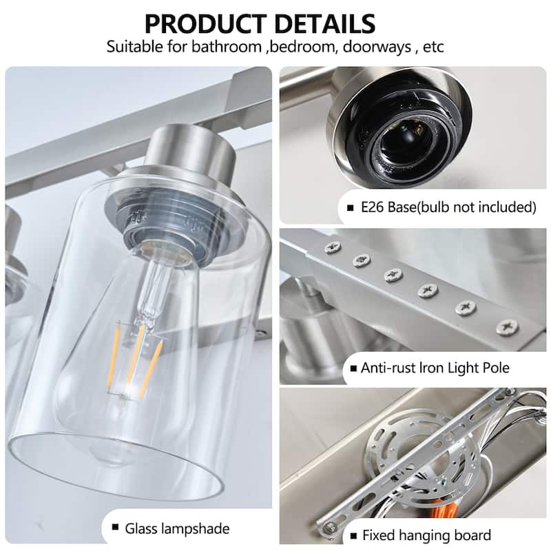 10-Light Bathroom Vanity - Clear Glass, Brushed Nickel - Wall Sconce
