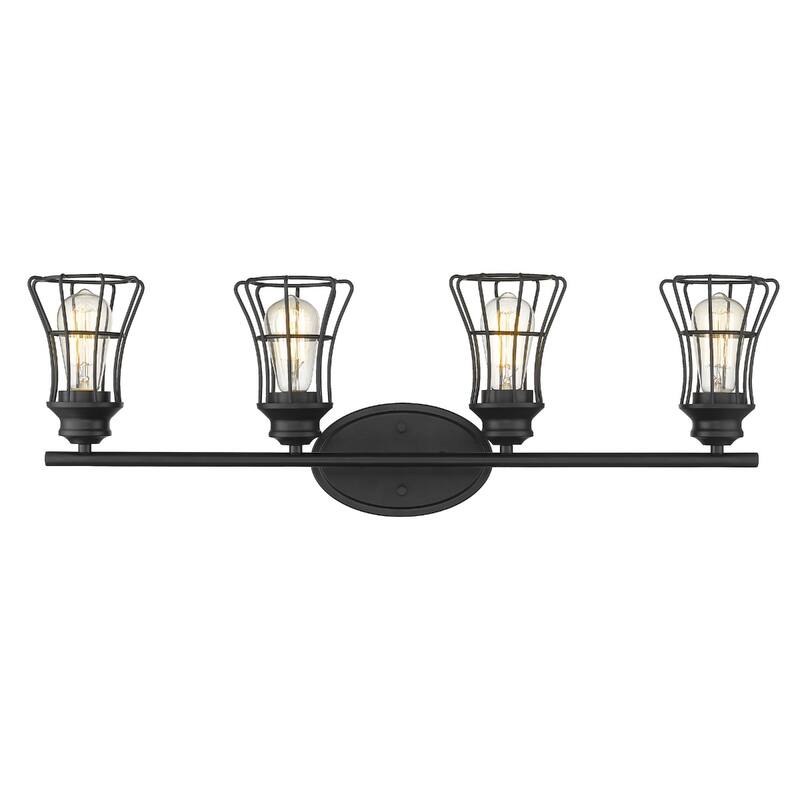 Modern 4-Light Vanity Wall Light in Matte Black with Metal Cage Shades and E26 Base Damp Rated - 9.25"H x 32.25"W x 6.25"D