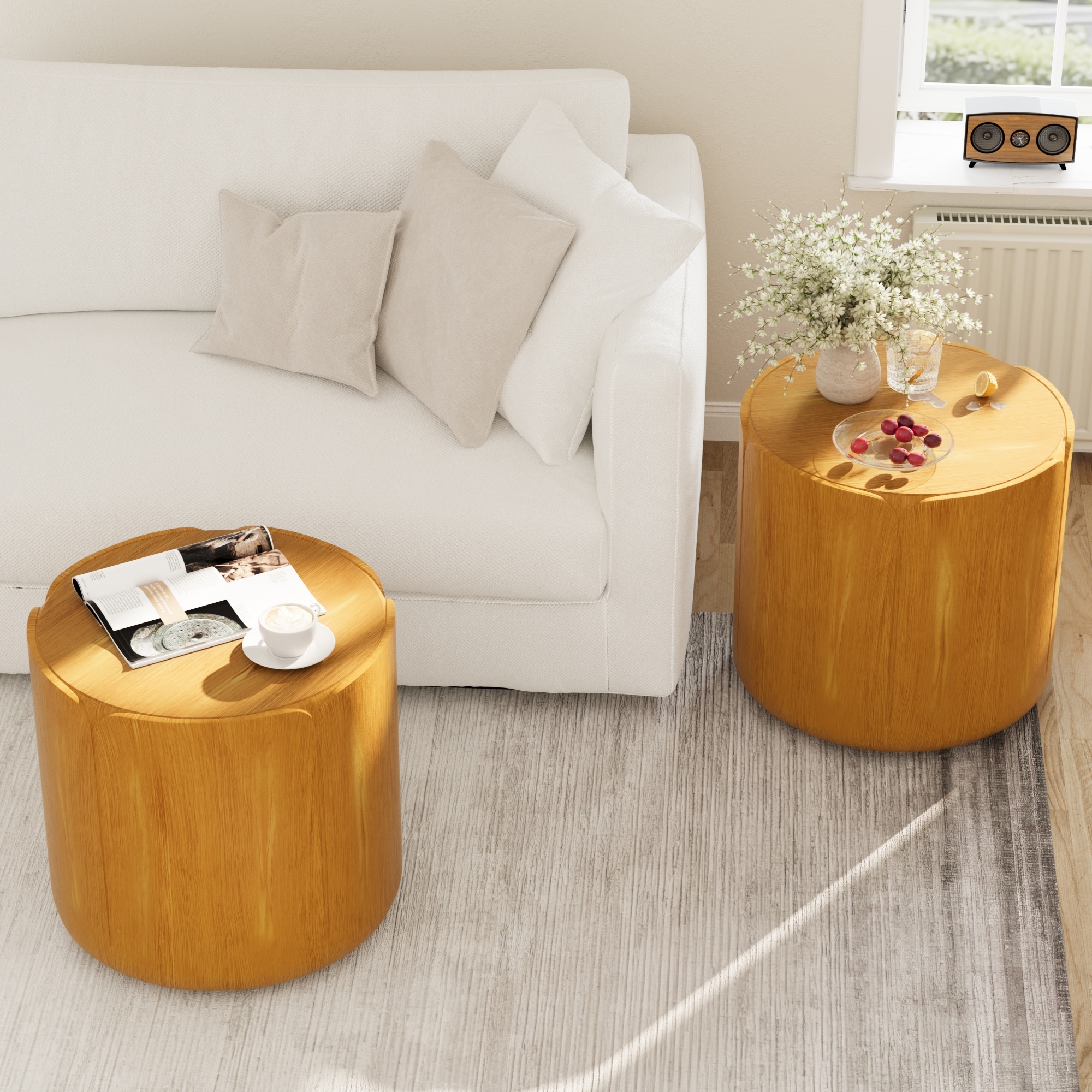 19.29" H Round Outdoor/Indoor Side Table Set, Modern Wood Grain Patio Stool Set, Durable MGO Waterproof, No-Assembly 2-Piece.