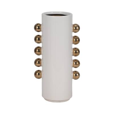 Sagebrook Home White/Gold Ceramic Cylinder Vase With Side Knobs