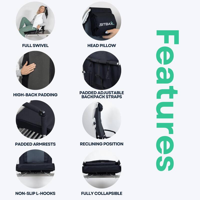 Padded Bleacher Seat – Reclining Stadium Chair with Full Back, Neck Support and 360 Swivel - Patent Pending