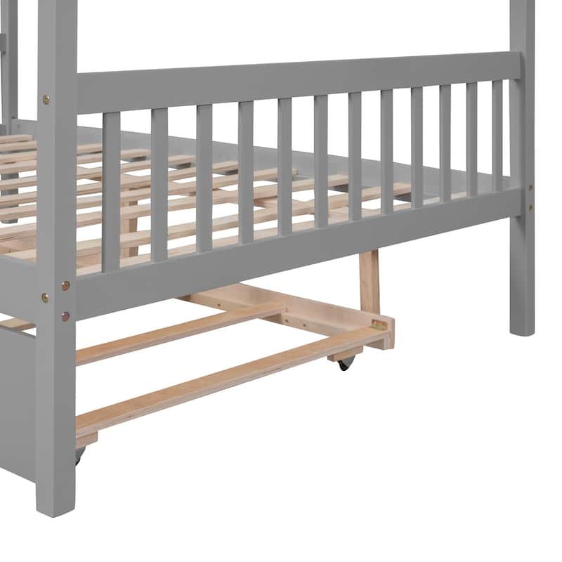 Creativity House Bed Twin/ Full Size Frame with Trundle for Boys Girls, Wood Platform Bed with Roof No Box Spring Needed