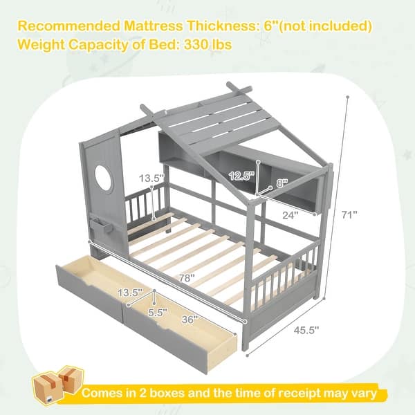dimension image slide 1 of 2, Gymax Twin Size House Bed Kids Bed Frame w/ 2 Storage Drawers & Fence