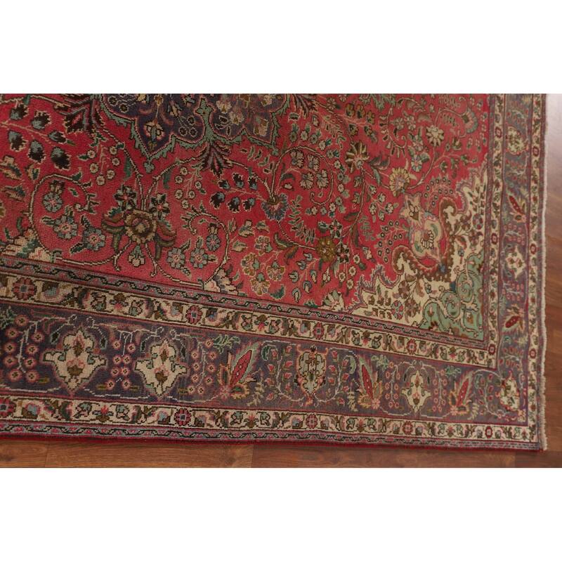 Tabriz Persian Vintage Area Rug Hand-Knotted Pink Wool Carpet - 6'8"x 9'7"