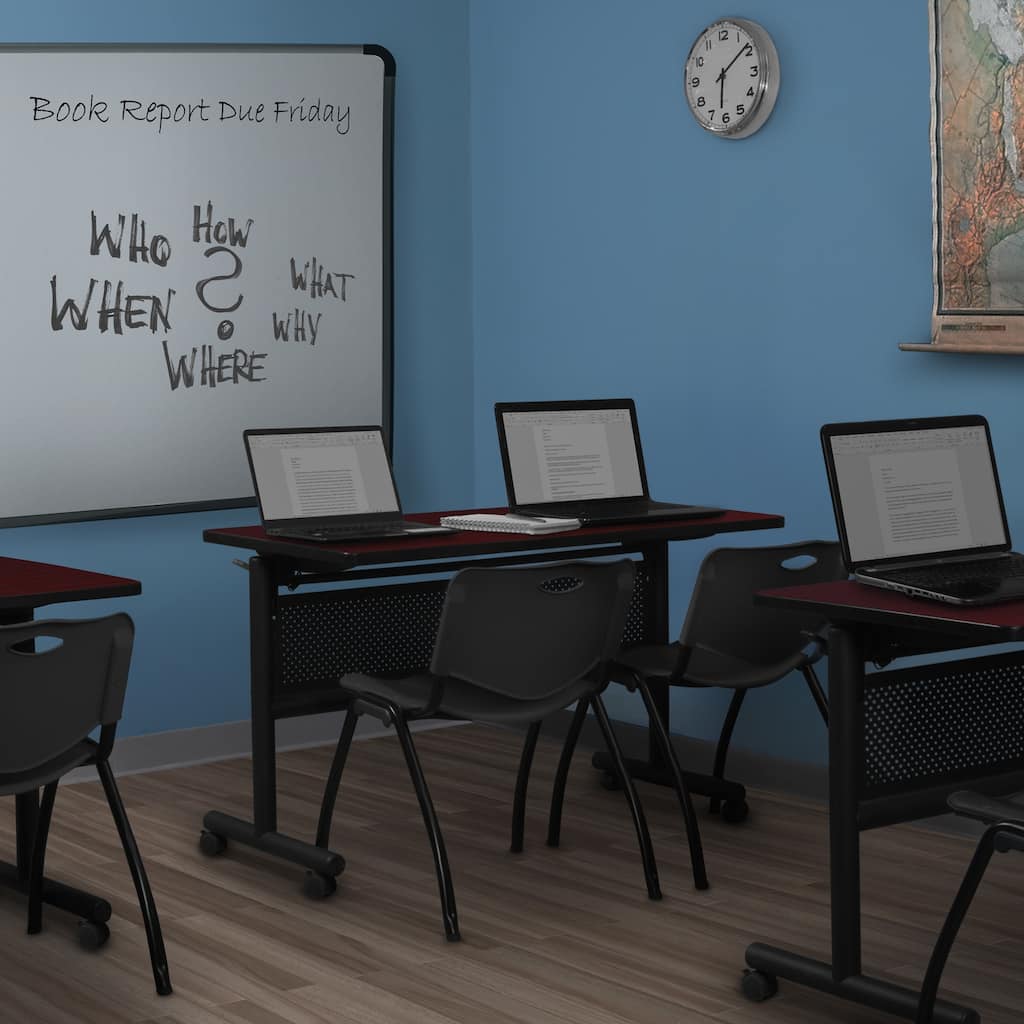 48" x 24" Flip Top Mobile Training Table with Modesty Panel- Mahogany and 2 "M" Stack Chairs- Black