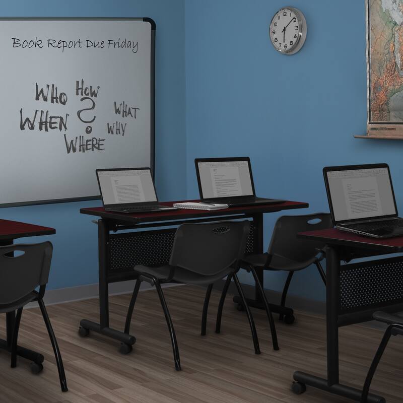 48" x 30" Flip Top Mobile Training Table with Modesty Panel- Mahogany and 2 "M" Stack Chairs- Black