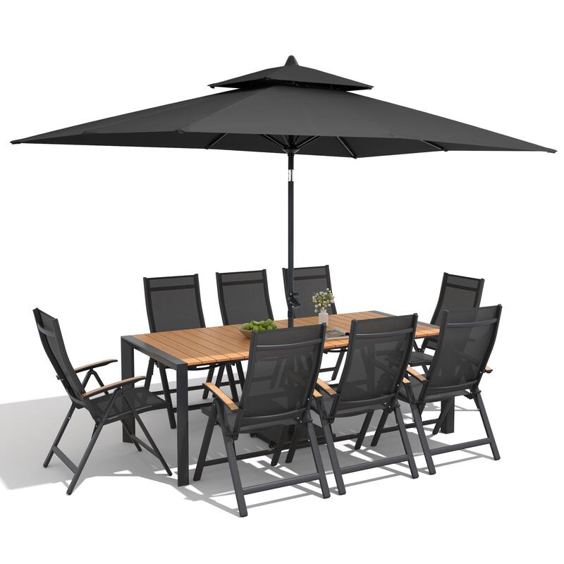 9/11-Piece Outdoor Patio Dining Set Aluminum Dining Table and Chairs w/10 ft Market Umbrella and Base with Wheels