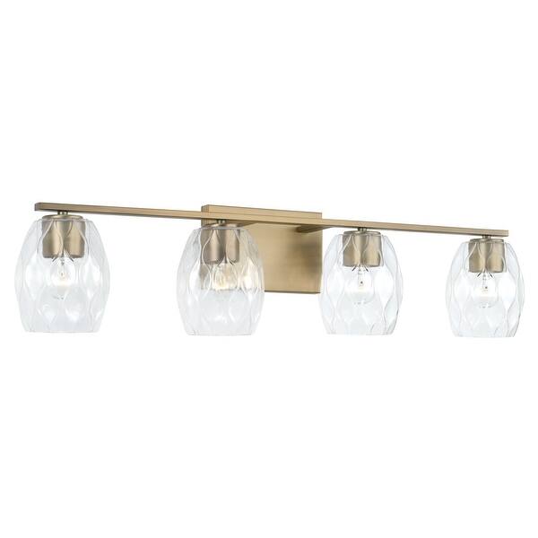 slide 2 of 12, Lucas 4-light Bath/ Vanity Fixture w/ Wavy Embossed Glass Aged Brass