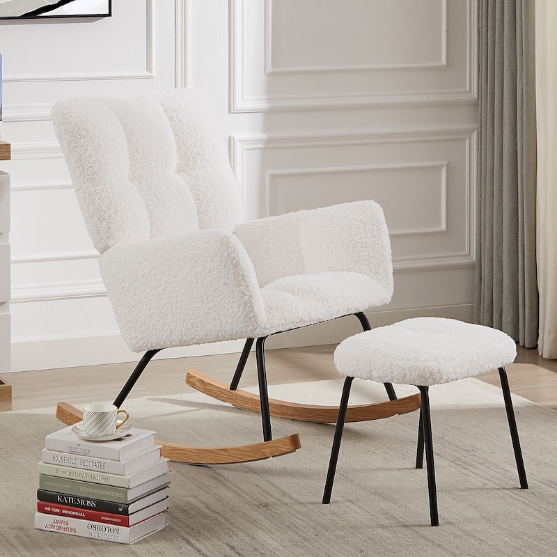 Rocking Chair Nursery Glider Chair High Back Rocking Armchair Upholstered Lounge Chair - With Ottoman-White