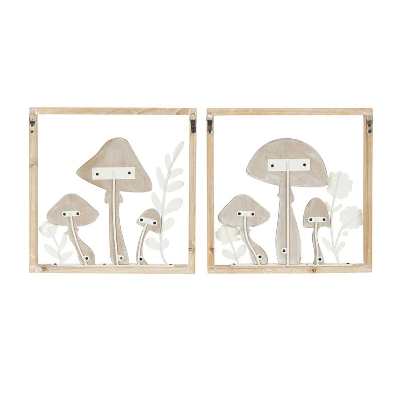 Wooden Mushroom Cutout Home Wall Decor with Carved Twisted Frame and White Floral Accents - Set of 2 Brown - Roche River Decor