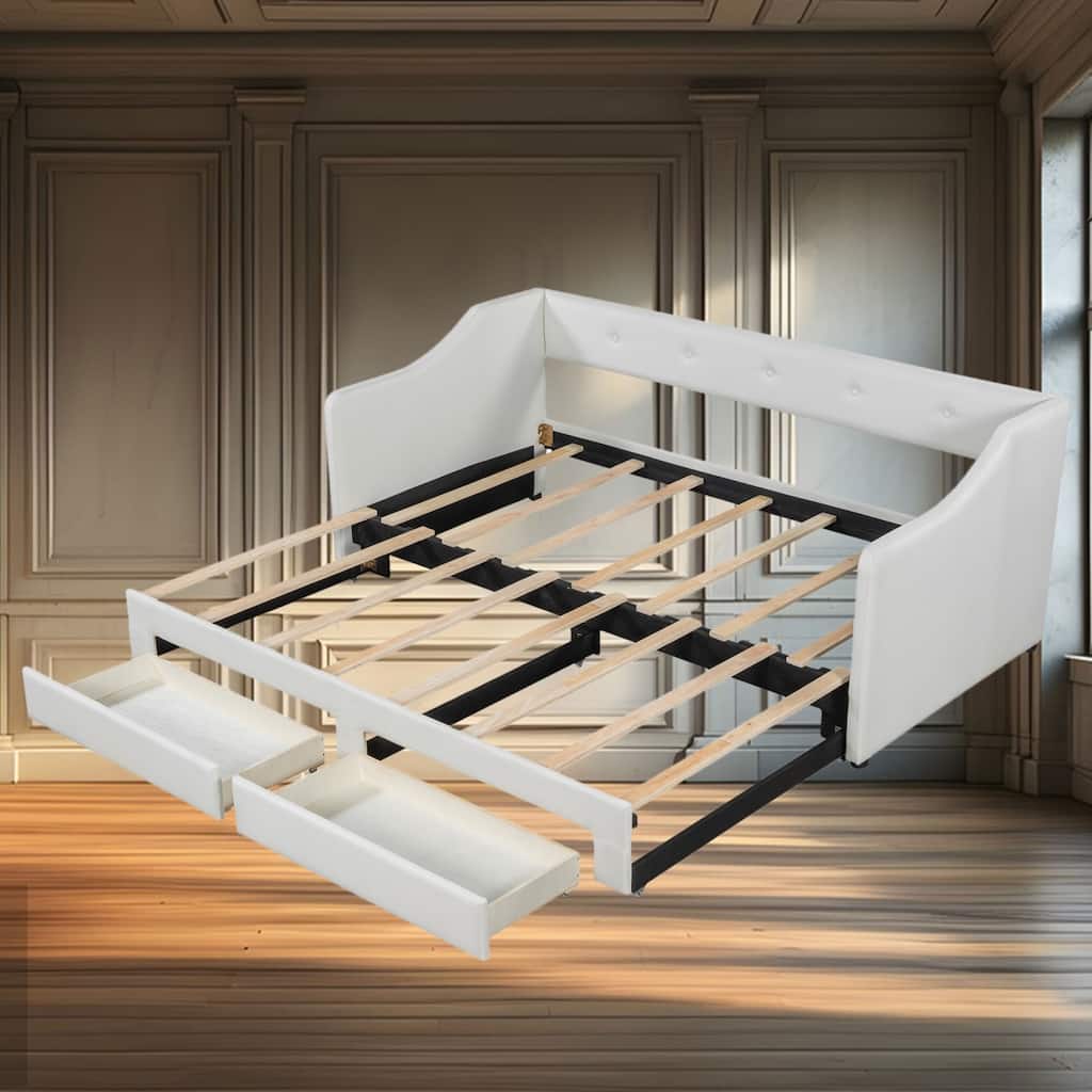 Twin XL to King Size Upholstered Daybed with Two Storage Drawers and Stylish Upholstery for Bedrooms and Living Rooms