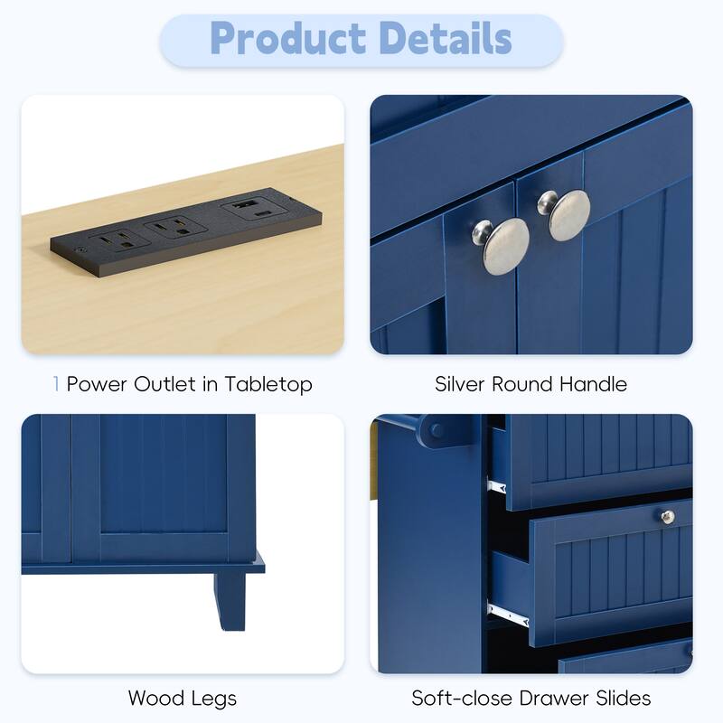 3PCS Sets Farmhouse Kitchen Island with 2 Stools, Drop Leaf, Cabinet, Drawers, Door Shelves, Power Outlet