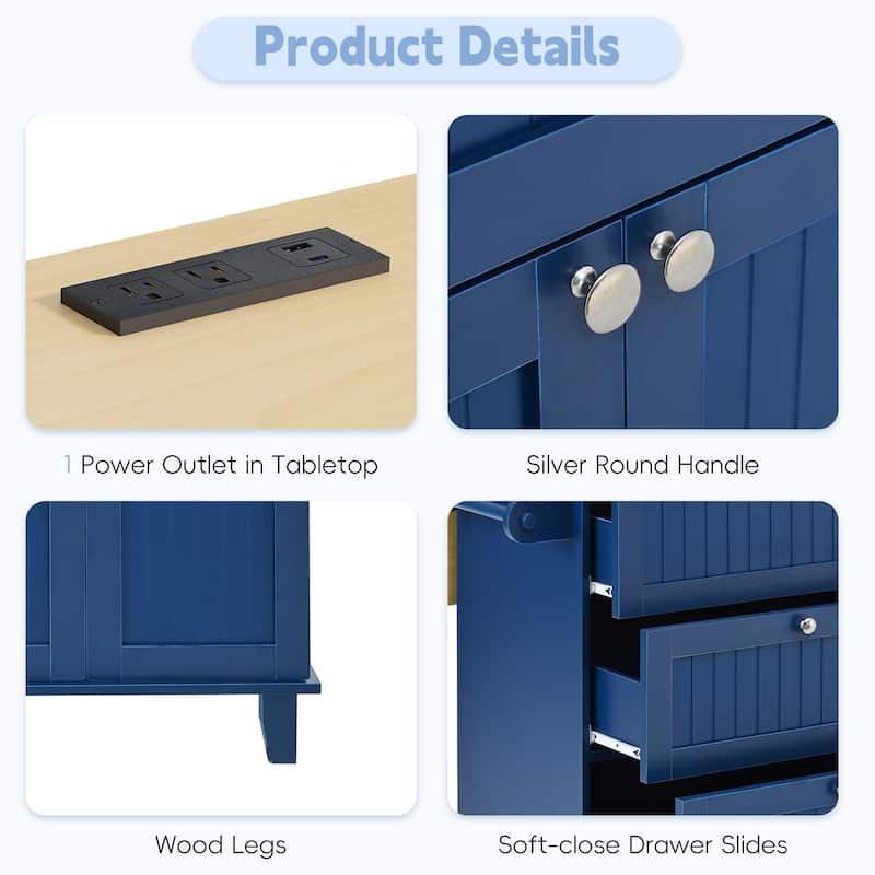 Farmhouse Kitchen Island on Wheels with Drop Leaf, 2 Seating & Power Outlet