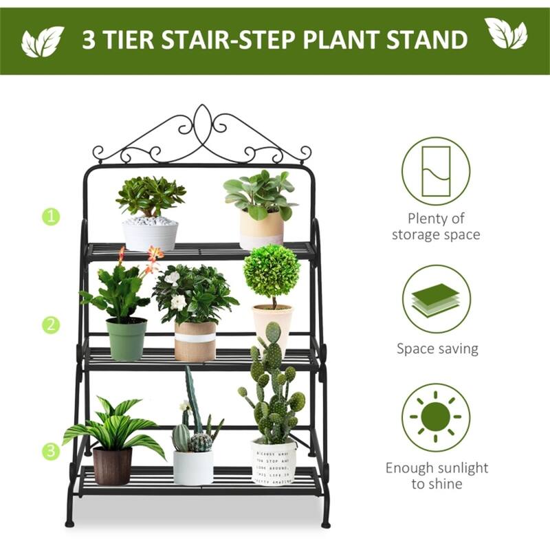 Metallic Black Steel 3-Tier Plant Stand with Scrollwork and Storage - 23.75" L x 23.5" W x 37.5" H