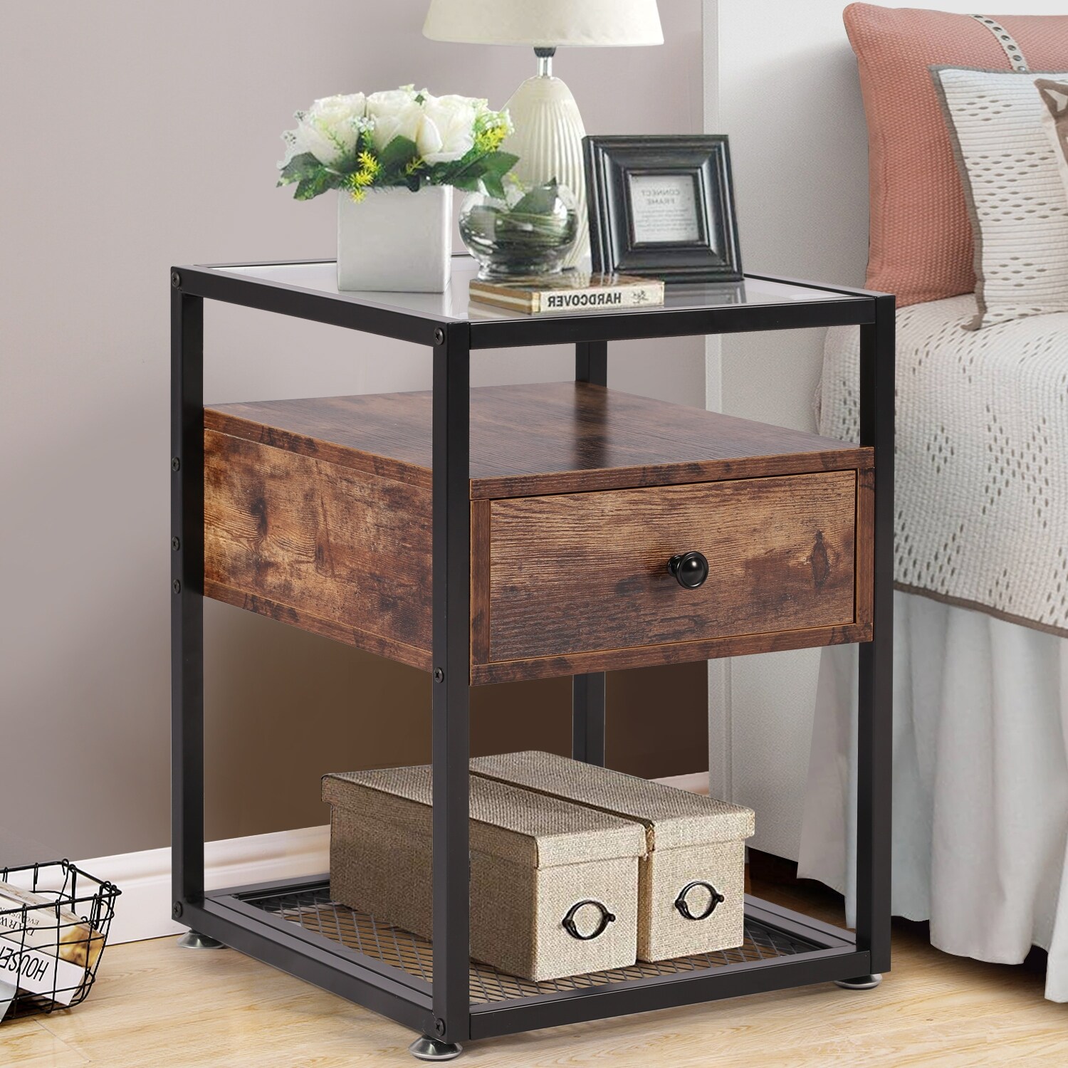 Vecelo Bedside Table 1 Drawer Bedside Table Glass Bedside Table With Wooden Drawer Brown Black 2 Option Overstock 30876297