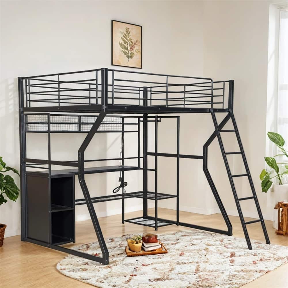 Full Size Metal Gaming Loft Bed w/Built-in Work Station,Open Wardrobe