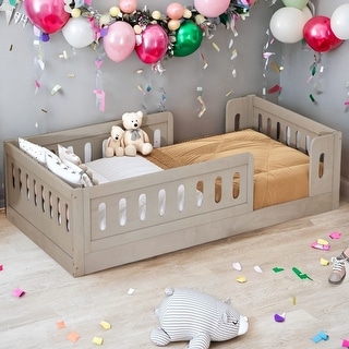 Soild Wood Twin Size Platform Bed with Guardrail and Semi-enclosed Fence for Kids