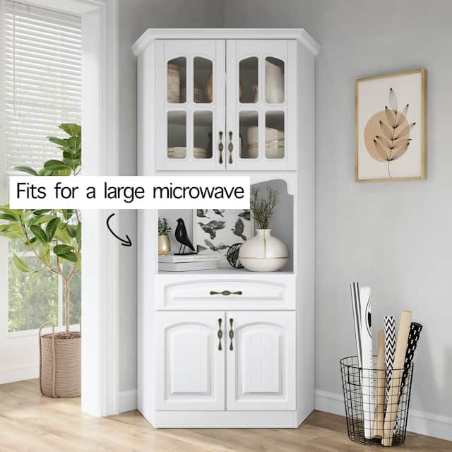 Living Skog Galiano 73'' White Corner Pantry Kitchen Storage Cabinet Hutch For Microwave with Drawer