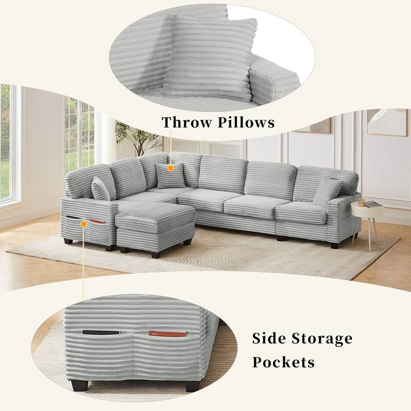 U Shaped Sectional Sofa with 1 Movable Ottoman, Corduroy Upholstered 6 Seater Sofa, Corner Sofa with Storage Pockets