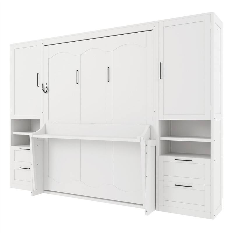 Queen Size Murphy Bed Wall Bed with 2 Wardrobes and 4 Storage Drawers, Foldable Murphy Cabinet Bed w/Open Storage Shelves& Stool
