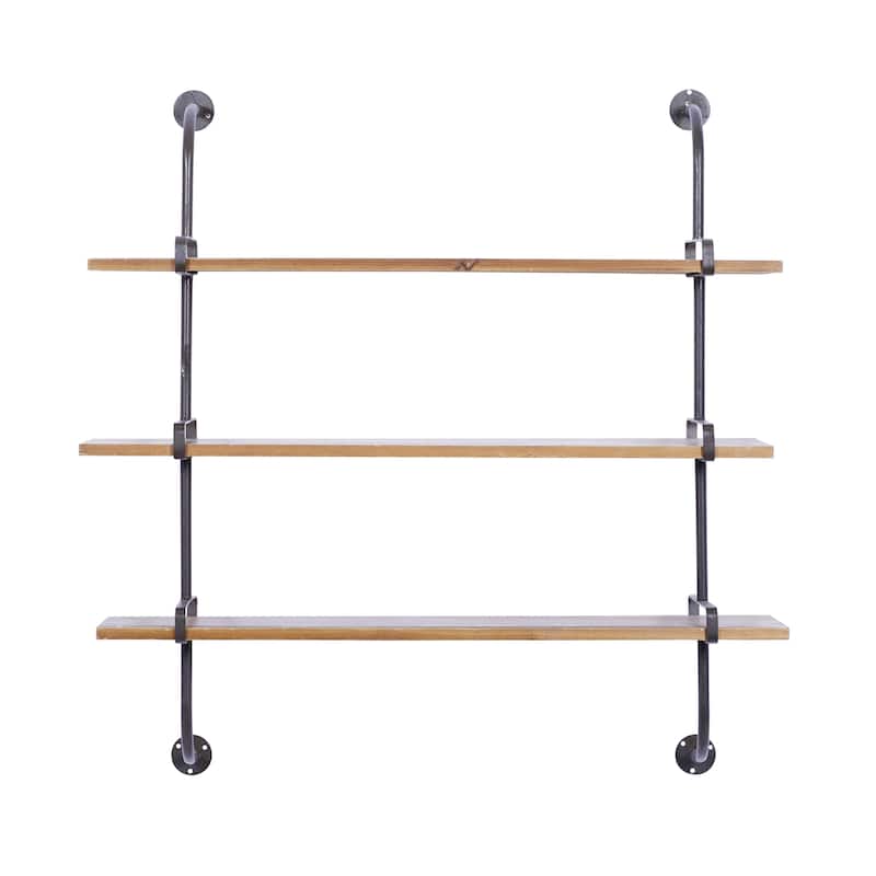 Wood 2 or 3 Level Wall Shelf with Black Metal Brackets - Brown or Gray - Roche River Decor