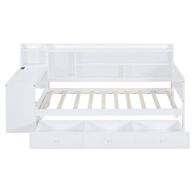 Twin/Full Daybed with 3 Storage Drawers and Bedside Desk, Wooden Day Bedframe Sofa Bed with Storage Shelves and USB Ports