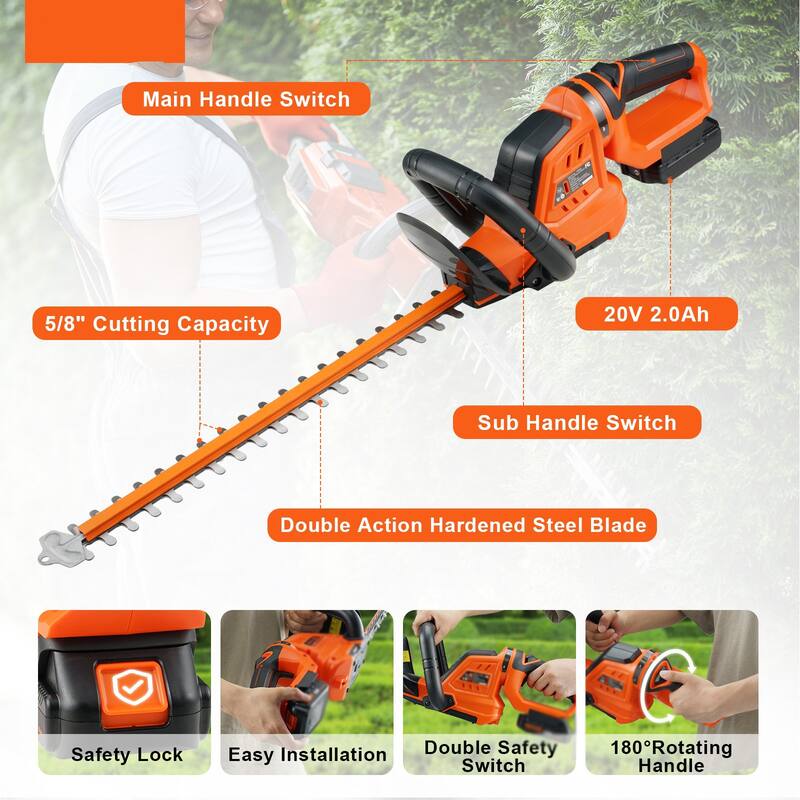 Orange Steel Cordless Hedge Trimmer, 20.5" Blade, Rotating Head - 35.43±0.4 x 8.27±0.4 x 7.48±0.2 inch