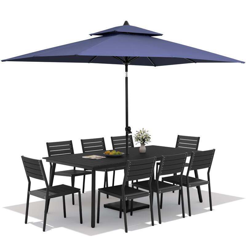 11 PC Outdoor Patio Dining Set Wood-Like Aluminum Umbrella Hole Table with Stackable Chairs,Double Top Market Umbrella and Base