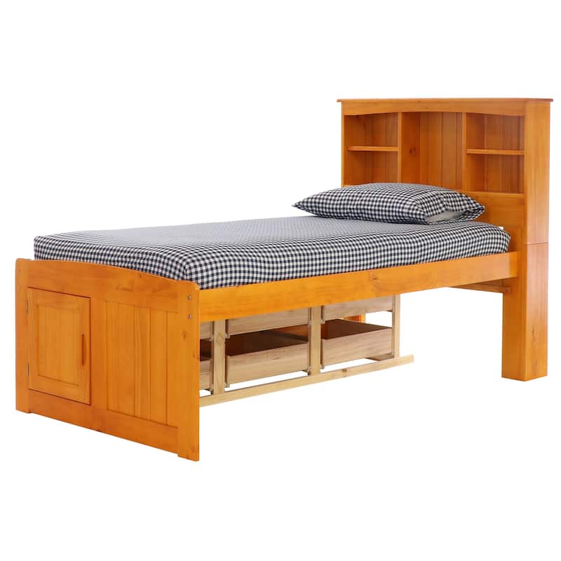 OS Home and Office Furniture Model Solid Pine Twin Captains Bookcase Bed with 6 drawers in Warm Honey