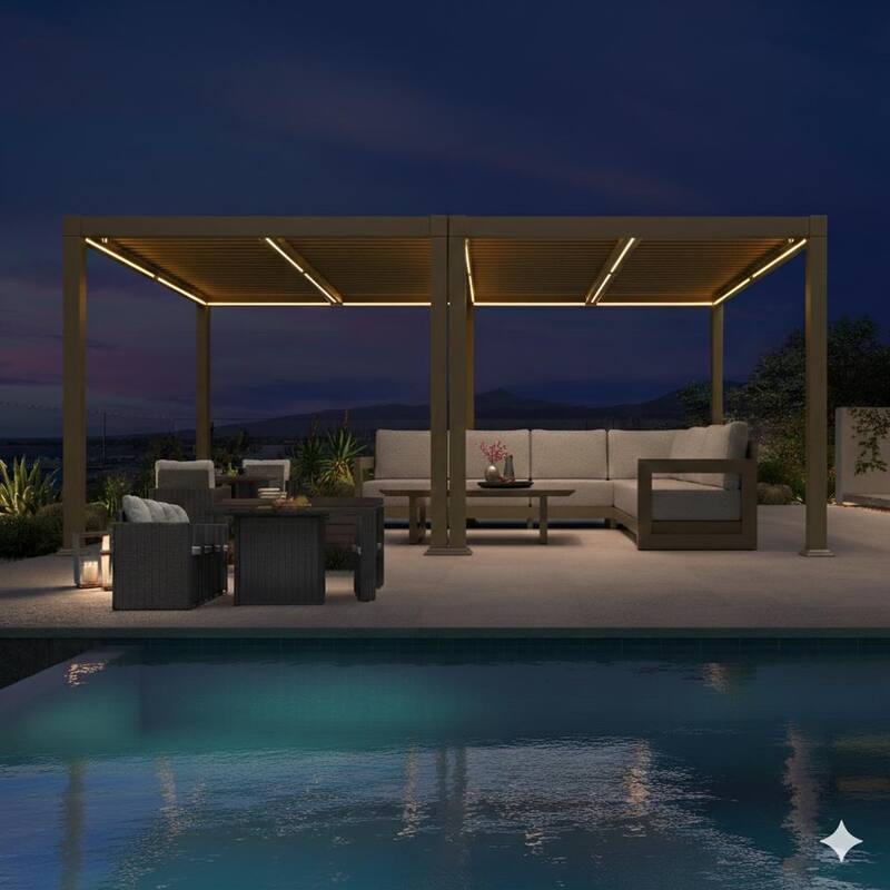 PURPLE LEAF Solar Louvered Pergola with LED String Lights Aluminum Outdoor Pergola with Adjustable Roof for Patio Garden - 11' x 28' - Champagne