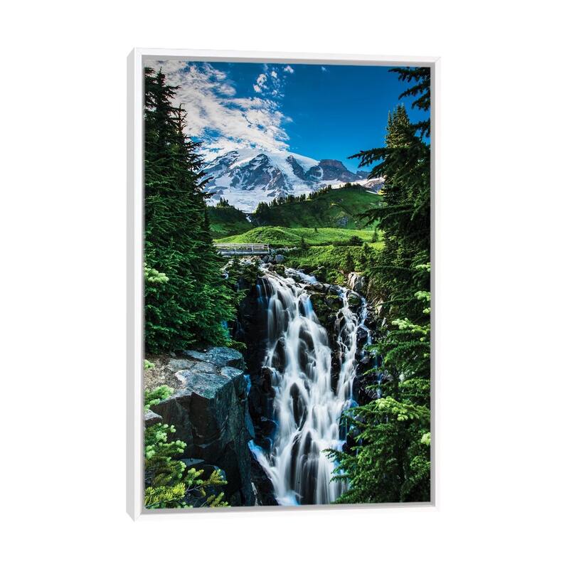 iCanvas "USA, Washington State, Mount Rainier National Park, Mount Rainier, waterfall" by George Theodore Framed Canvas Print - White - 26x18