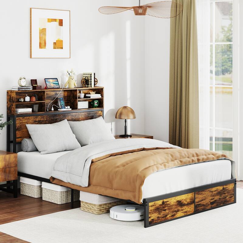 Metal Platform Bed Frame with Headboard Storage and USB Charging Ports