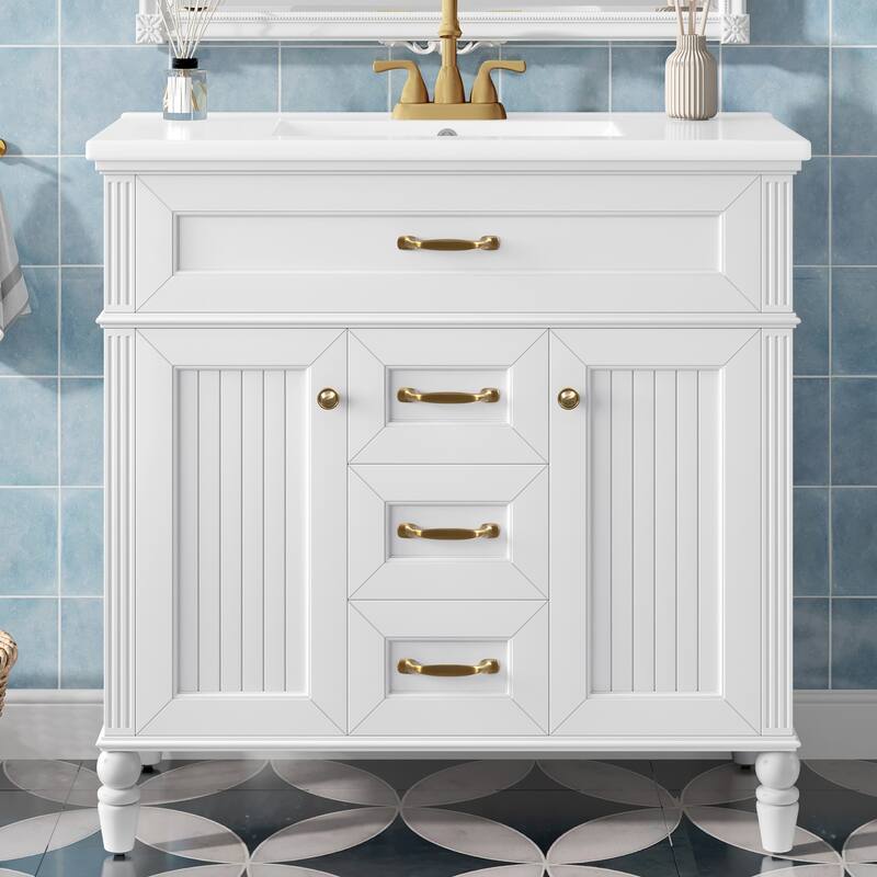 Bathroom Vanity with Sink, Freestanding Bathroom Storage Cabinet, Bathroom Cabinet with Soft Close Doors & 3 Drawers - White