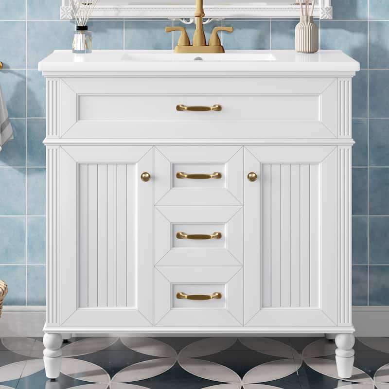 GDF Studio - Sunny Modern Solid Wood + MDF 36-Inch Bathroom Vanity with Ceramic Sink and Flip-Out Drawer