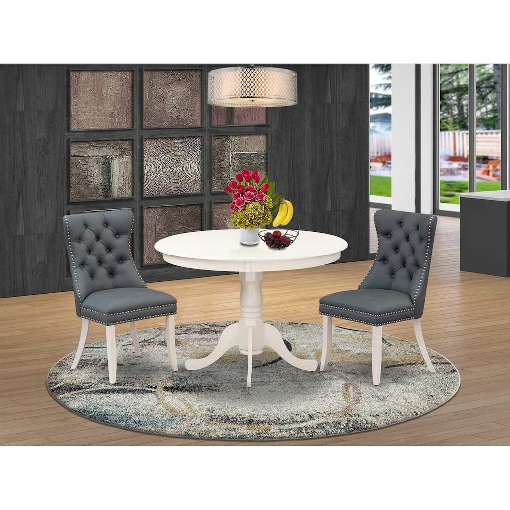 3-Piece Linen White Finish Solid Wood Top-Round Upholstered Dining Room Set-Seats 4