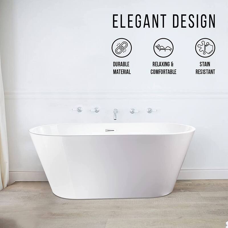Vanity Art 54" Non-Slip Acrylic Freestanding Soaking Bathtub with Slotted Overflow & Pop-up Drain